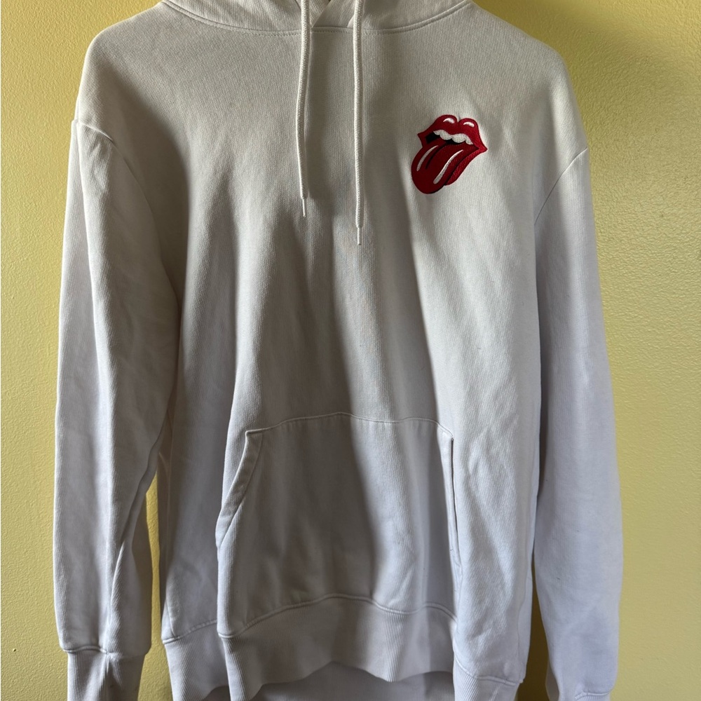 the Rolling Stones White Hoodie with Red Tongue Chest Logo